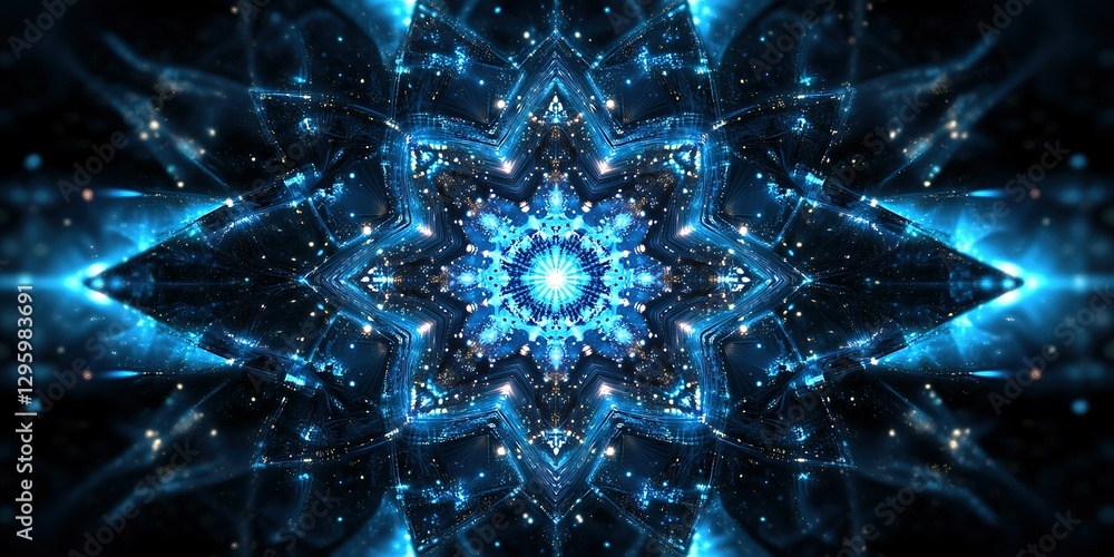 Poster intricate blue kaleidoscope design featuring vibrant lights and symmetrical patterns in a digital ar