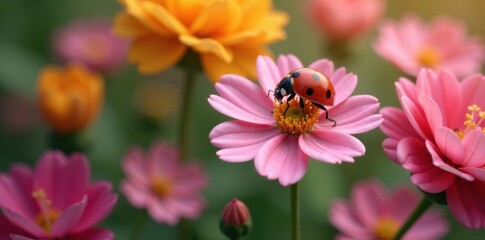 Ladybug sitting on a delicate flower, surrounded by vibrant blooms , colorful, ladybugs, nature