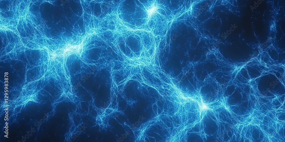 Poster electric blue abstract design with intricate patterns resembling neural connections or cosmic networ