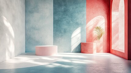 A minimalist geometric scene with direct sunlight and a podium for product showcasing in pastel hurse