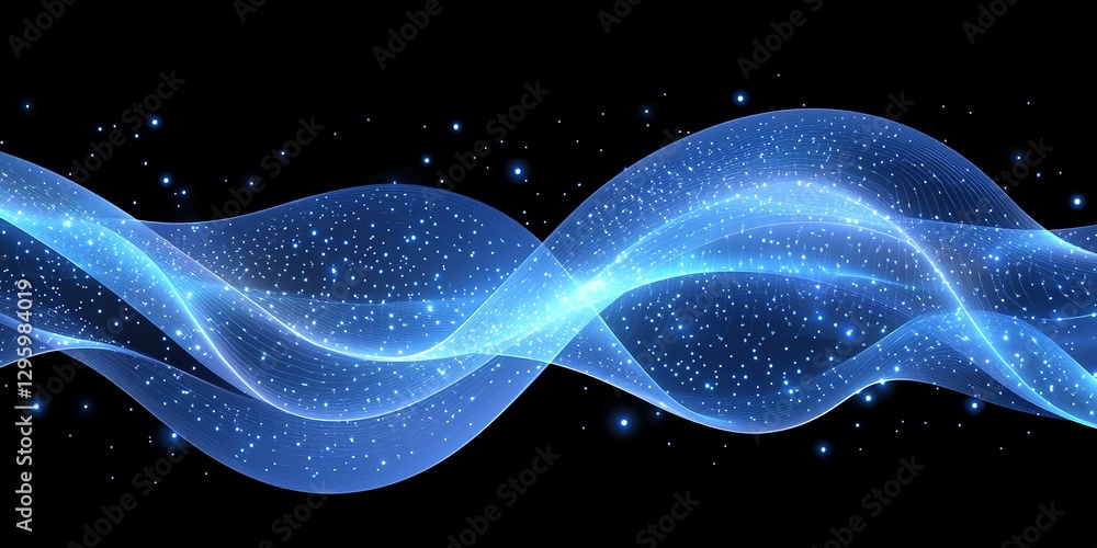 Poster swirling blue waves with sparkling stars create a mesmerizing visual effect against a dark backgroun