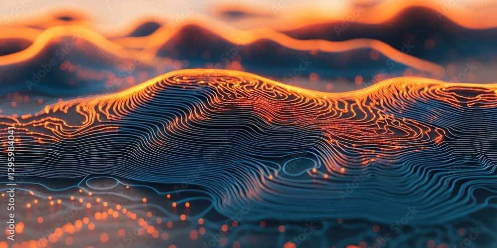 Poster digital landscape with glowing lines and dots representing data flows at twilight