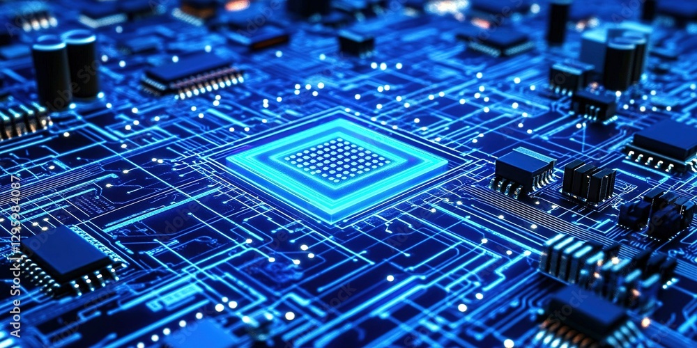 Poster close-up view of a high-tech circuit board showcasing intricate microchip design and luminous pathwa