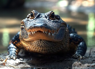 Obraz premium Close-Up View of a Unique Alligator with Defined Features and Textured Skin in a Natural Environment by Water Under Bright Natural Light