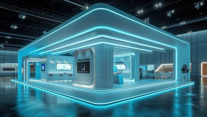 Visualisation vr project, Commercial stand in exhibition hall or large professional salon ready to receive brands and advertisements