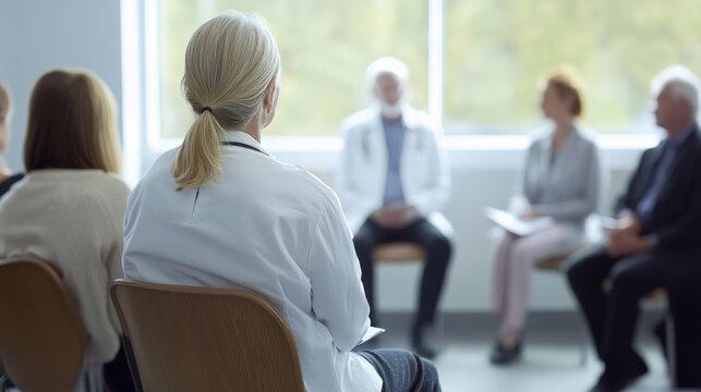 Rare illness patient attending a wellness seminar on managing symptoms. Featuring health education and empowerment