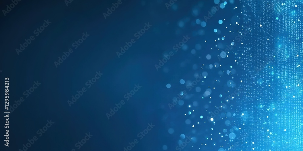 Poster digital blue background with glowing dots creating an abstract pattern of light and energy in a mode