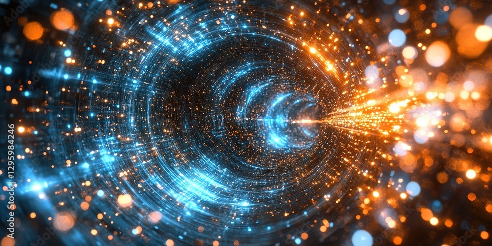 Poster light trails create a mesmerizing tunnel effect with blue and orange colors in an abstract represent
