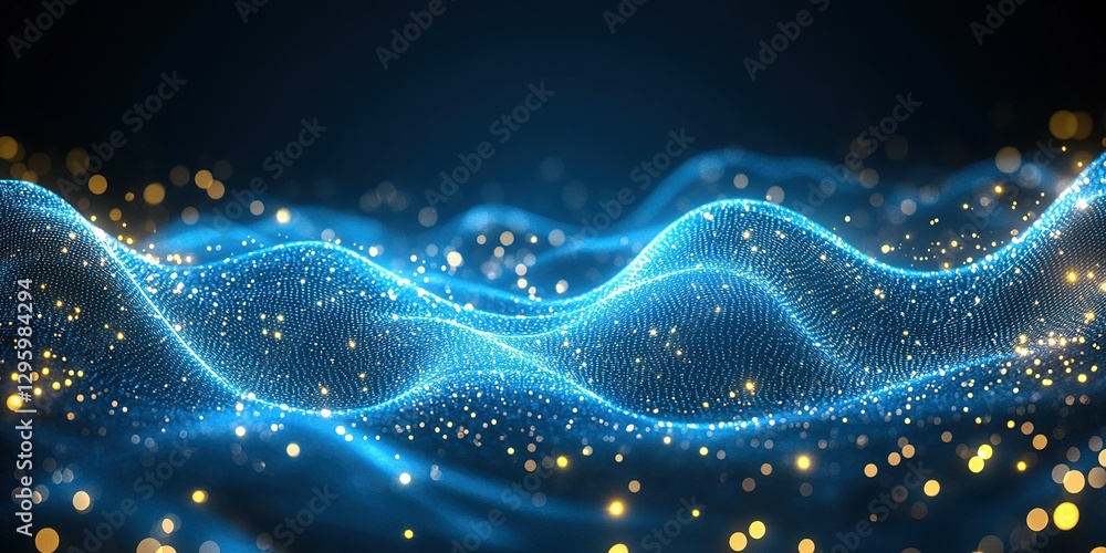 Poster visual representation of flowing waves with glowing particles in a dark background