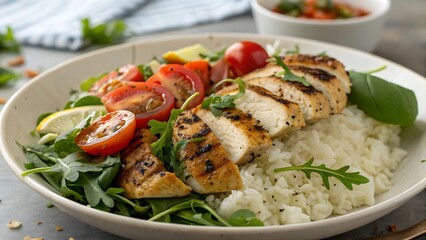 Grilled Chicken with Fluffy Rice, Fresh Tomatoes, and Vibrant Greens