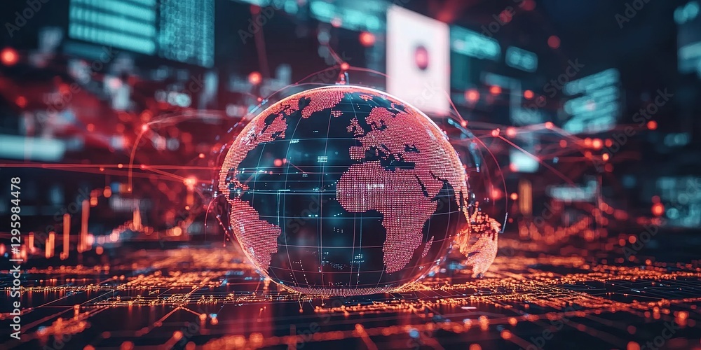 Poster digital globe visualization with interconnected data points in a futuristic cityscape at night