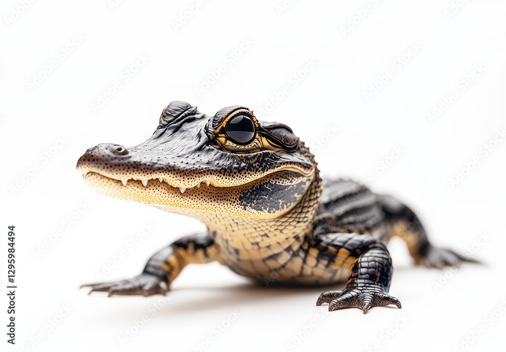 Poster close-up view of a young alligator on a white background with sharp focus on eyes and textured skin 