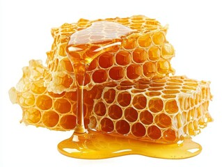 Honeycomb Dripping with Golden Honey Isolated on White Background for Culinary Use