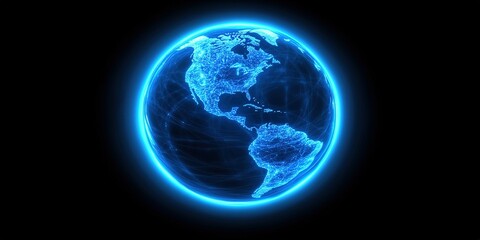 Detailed view of a illuminated globe highlighting North and South America with vibrant blue glow