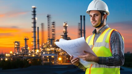 A man in a safety vest is holding a piece of paper and looking at it