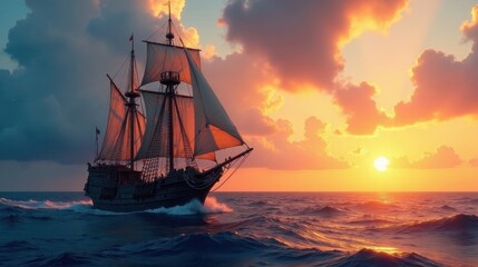 Fototapeta premium A majestic galleon sails gracefully on the ocean, its sails catching the vibrant hues of a breathtaking sunset, a timeless image of adventure and exploration.