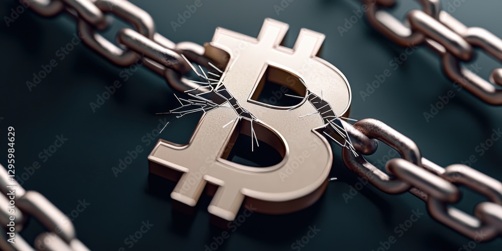 Poster impact effect economic concept. broken chain with a bitcoin symbol representing cryptocurrency secur