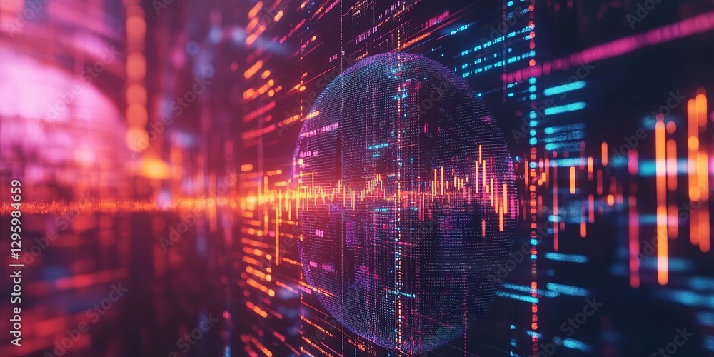 Poster vibrant digital sphere and waveform animation illuminating a futuristic data landscape
