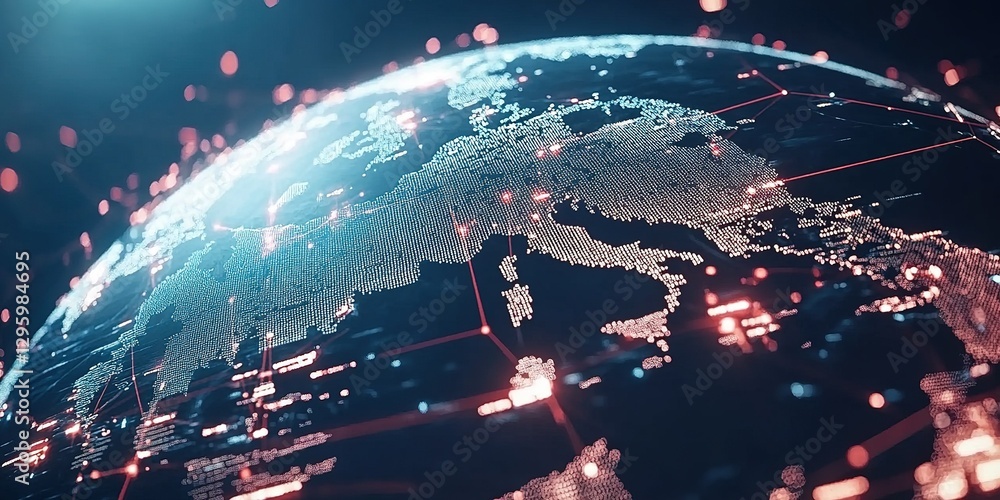 Poster digital representation of europe with glowing networks and data connections illustrating global comm