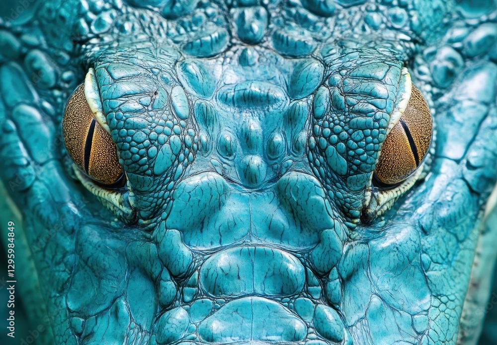 Poster close-up view of a vivid turquoise lizard showcasing intricate textures and unique eye features agai