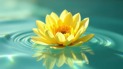 A serene yellow water lily floats gently on the surface of a tranquil teal pool, its reflection mirroring the beauty of the blossom and the stillness of the water.