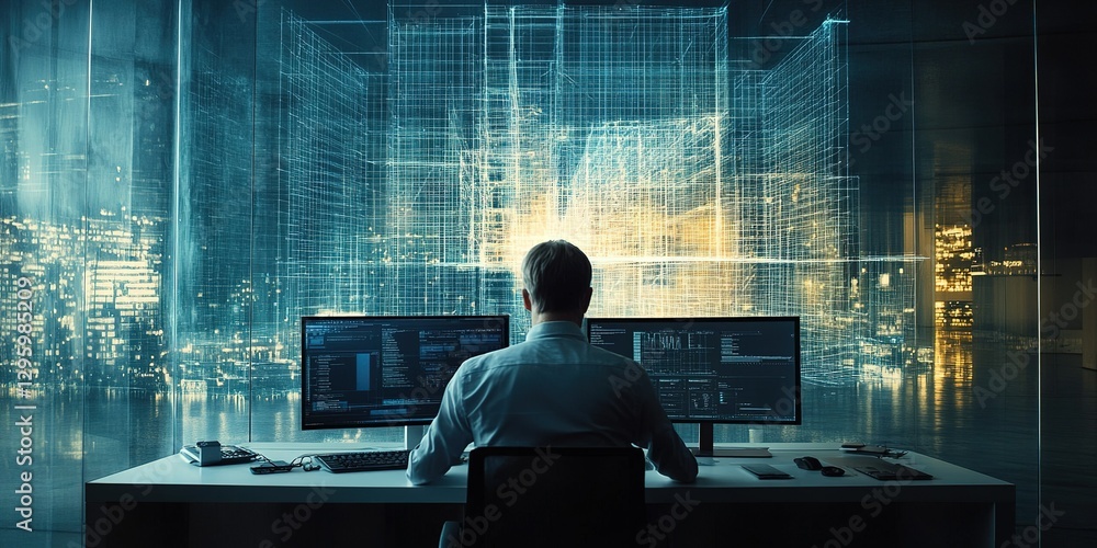 Poster digital workspace with programmer analyzing data in a modern office at night