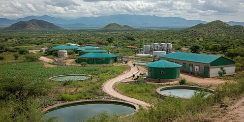 Sustainable farming facility located in a remote area surrounded by mountains and fields under a cloudy sky