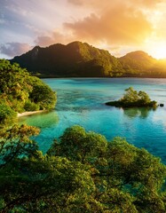 A close-up of the lush green landscape of a tropical island, with crystal-clear waters in the foreground, showcasing the vibrant foliage and serene environment.