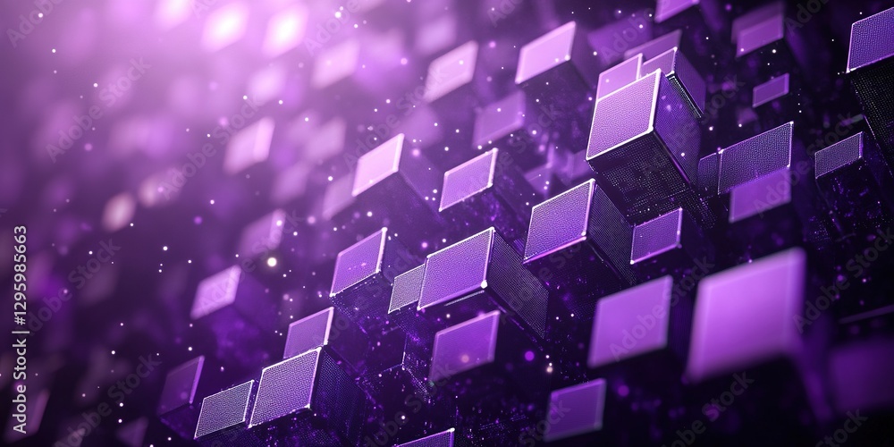 Poster texture of glowing purple cubes creating a dynamic three-dimensional space filled with light and viv