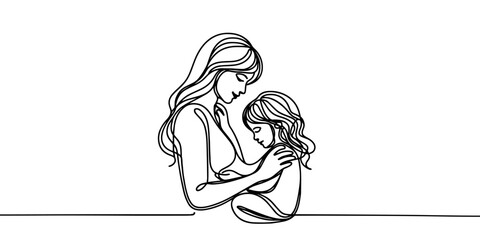 Happy Mother day card. Continuous one line drawing. Woman hold her baby. Vector illustration