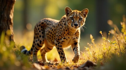 Obraz premium A Serval Cat in the Golden Hour Light, Gracefully Moving Through the Undergrowth