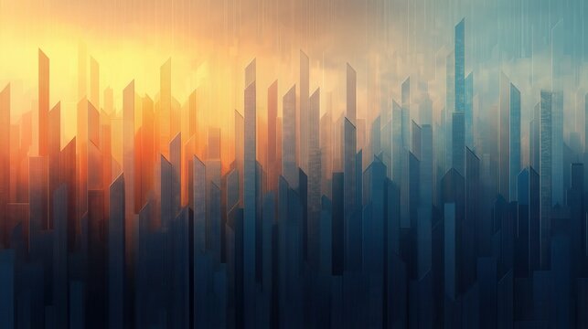 A city skyline with a sunset in the background