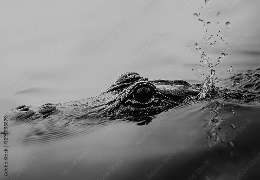 Poster close-up view of alligator emerging from water with bubbles and ripples in monochrome setting highli