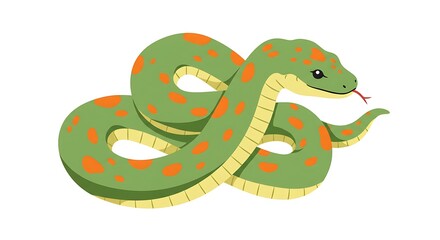 Adorable cartoon green snake with orange spots playfully coiled on a white background  Perfect for children's books illustrations or playful designs