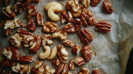 Obraz premium Sweet Honey Glazed Nuts on Baking Paper