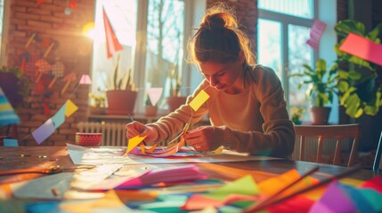 Skillful artist concentrated crafting beautiful decorated kite by folding paper for competition or project. Toy theme artwork for activity or hobby convey sense of inspiration and imagination. AIG61.