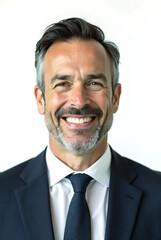 Pictures of men smiling and looking at the camera. Suit. Business scene. White background. Copy space.