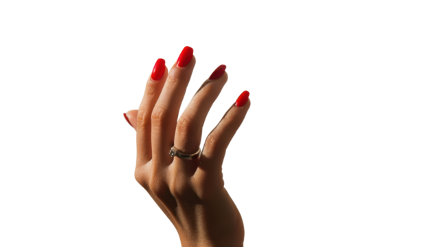 Woman hand showing red nail polish and ring on transparent background