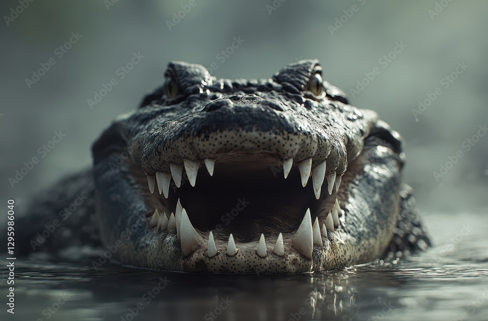 Poster close-up view of alligator emerging from water with mouth open revealing sharp teeth and detailed te