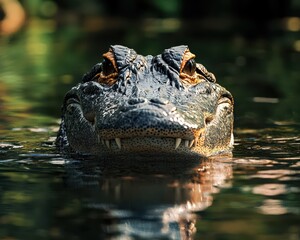Fototapeta premium Close-Up View of Alligator Emerging from Water with Intense Eyes and Textured Skin Highlighting Its Natural Habitat and Predatory Nature