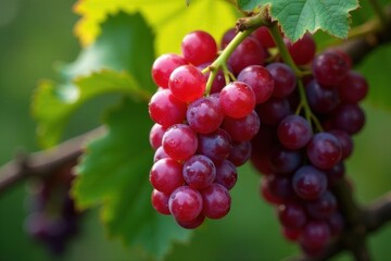 Fototapeta premium Luscious Red Grapes Hanging on the Vine, Glistening with Dew Drops in the Sunlight, a Symbol of Freshness and Abundance