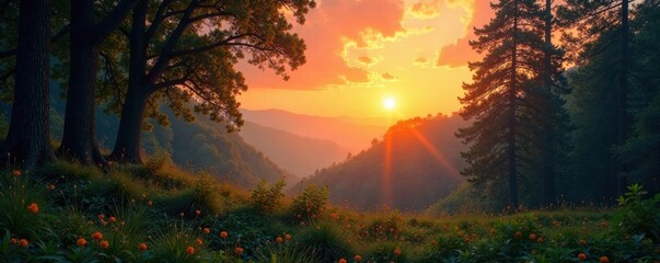 Lush forest landscape at sunset , wilderness, nature, trees