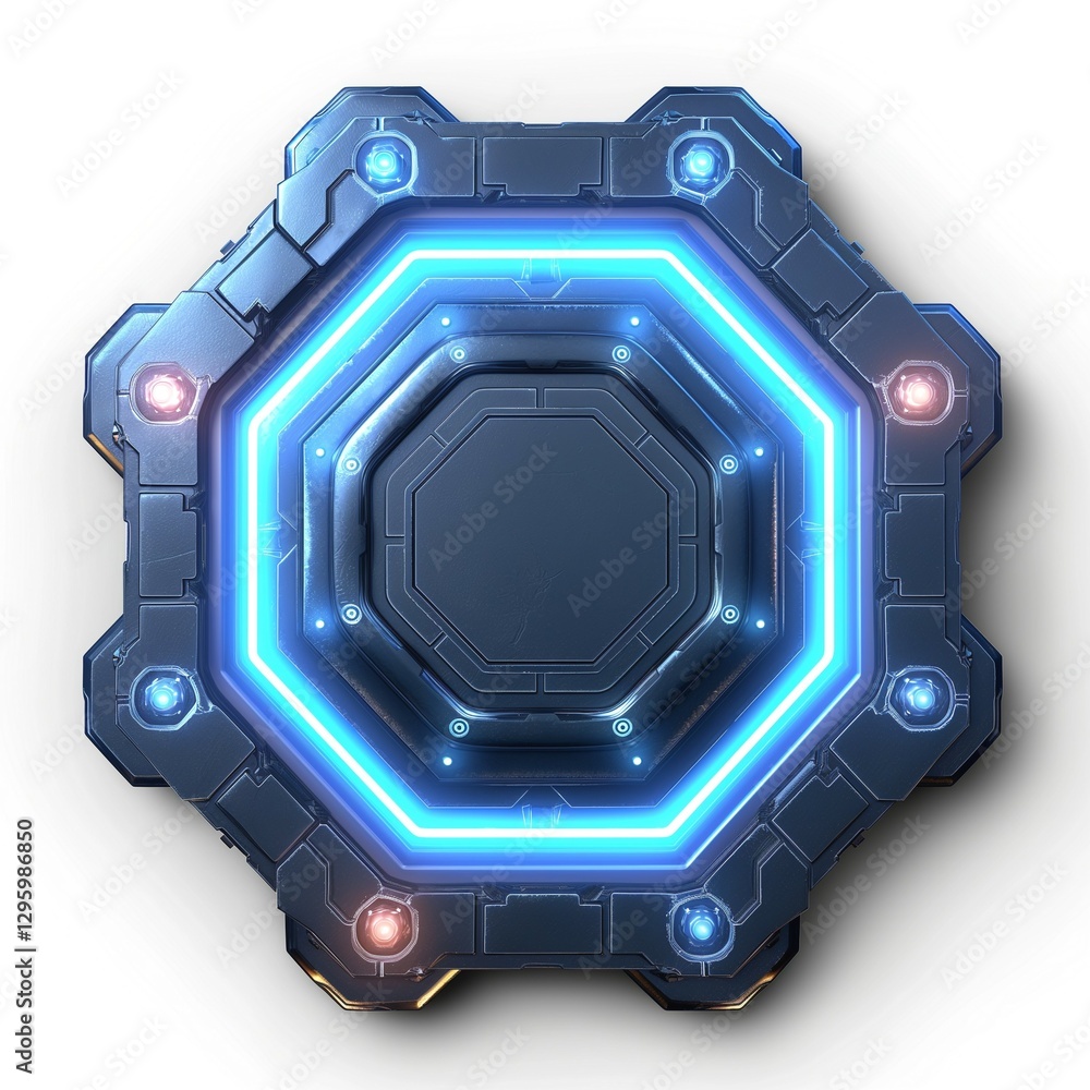 Poster futuristic hexagonal interface design featuring glowing blue lights and metallic texture.