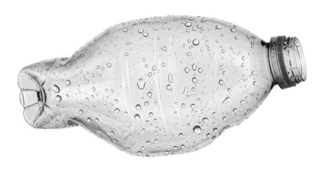 Isolated Collapsed Plastic Water Bottle with Droplets
