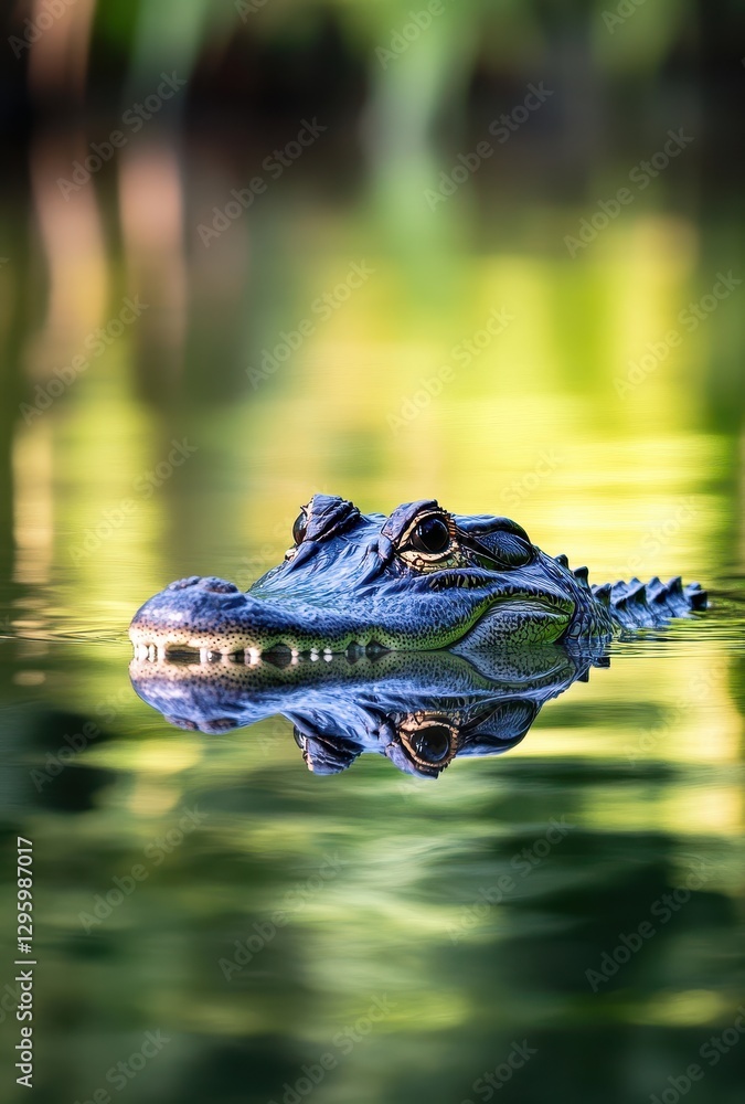 Poster close-up view of alligator head emerging from calm water with reflections and lush green background 