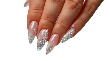 Woman hand showing sparkling crystal nail art on transparent background