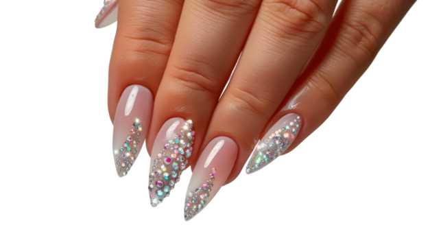 Woman hand showing sparkling crystal nail art on transparent background