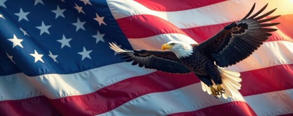 Majestic eagle flies under red white blue American flag, conveying power and national pride, American flag, bird, national