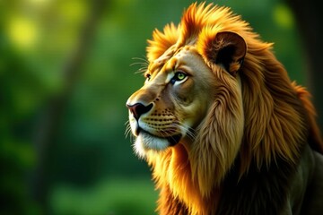 Fototapeta premium Majestic lion with golden fur and emerald eyes, fantasy art, wildlife, nature