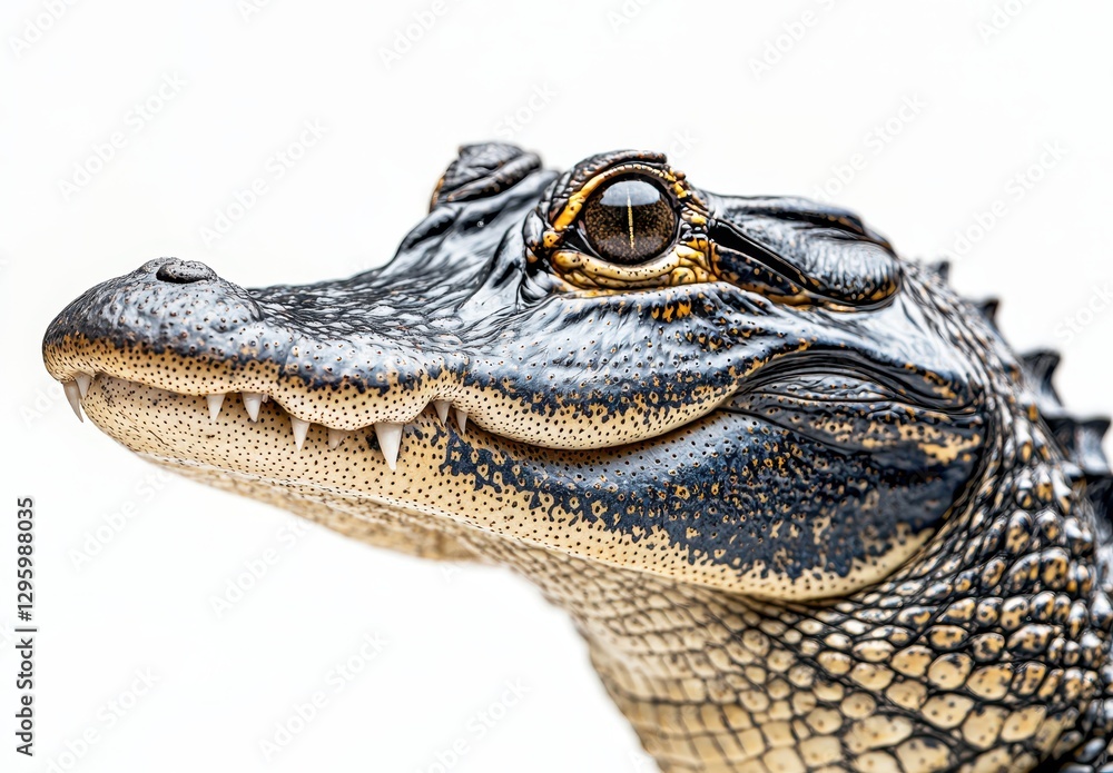 Poster close-up view of alligator head with detailed textures and sharp teeth against a light background
